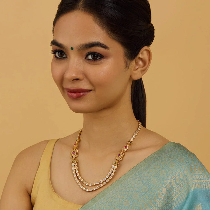 Pure 92.5 Silver Gold-Plated Two-Layer Oval Design Necklace with Gemstone Detailing