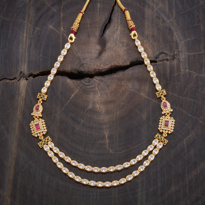 Pure 92.5 Silver Gold-Plated Two-Layer Oval Design Necklace with Gemstone Detailing