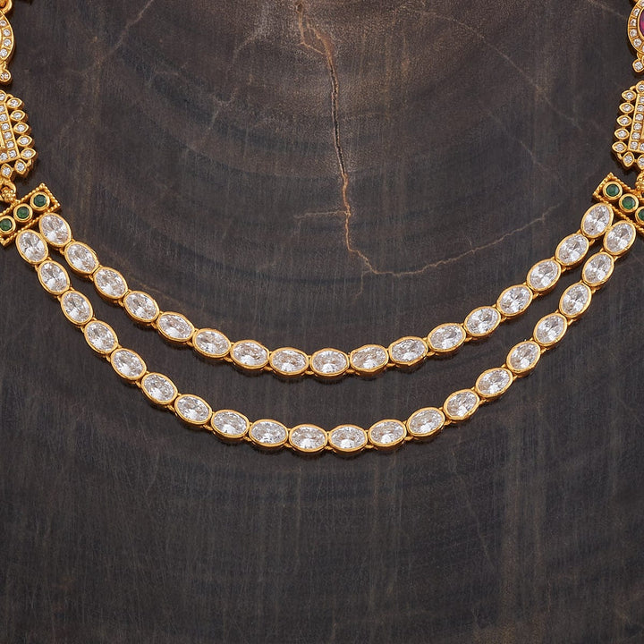 Pure 92.5 Silver Gold-Plated Two-Layer Oval Design Necklace with Gemstone Detailing