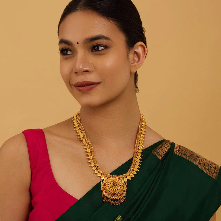 Pure 92.5 Silver, Gold Plated Mango Motifs Haram with Central Floral Design Pendant