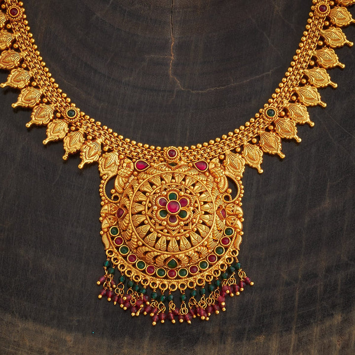 Pure 92.5 Silver, Gold Plated Mango Motifs Haram with Central Floral Design Pendant