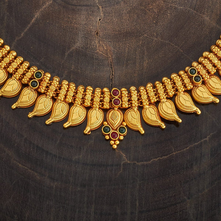 Pure 92.5 Silver Gold-Plated Vintage Style Necklace with Mango Units and Gemstone Accents