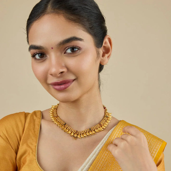 Pure 92.5 Silver Gold-Plated Vintage Style Necklace with Mango Units and Gemstone Accents