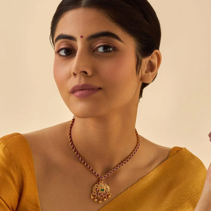 Pure 92.5 Silver Gold-Plated Ruby Necklace with Green Centerpiece and Polki Pendant
