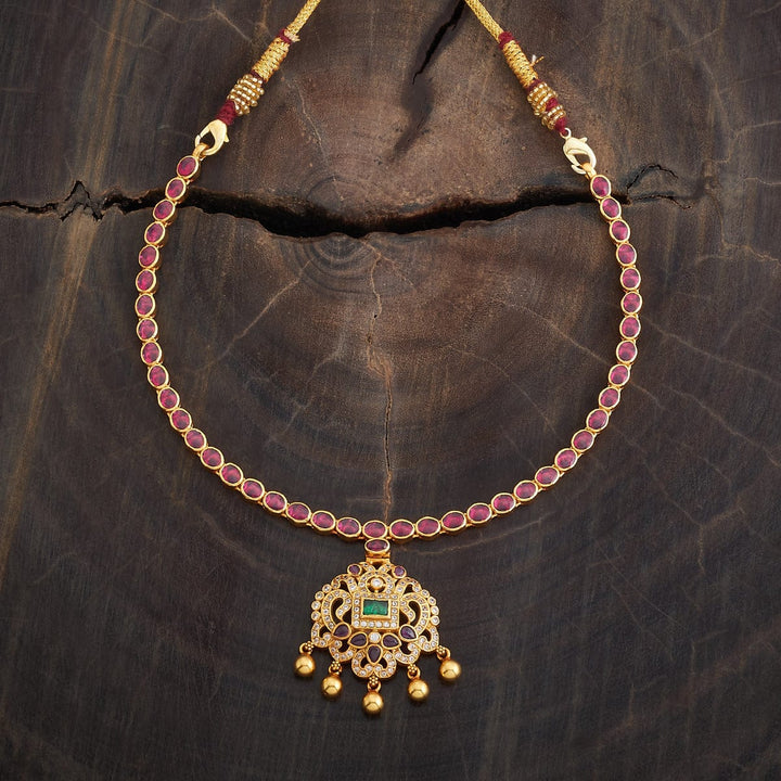 Pure 92.5 Silver Gold-Plated Ruby Necklace with Green Centerpiece and Polki Pendant