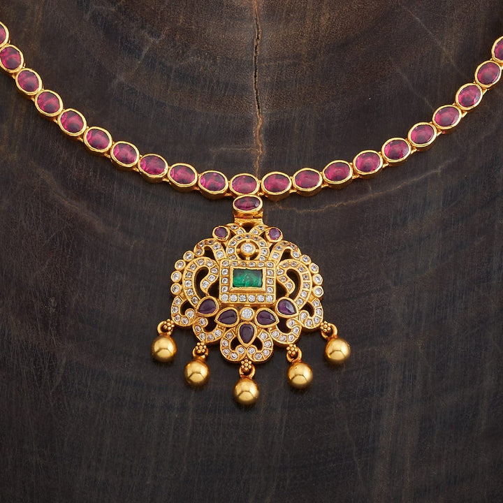 Pure 92.5 Silver Gold-Plated Ruby Necklace with Green Centerpiece and Polki Pendant