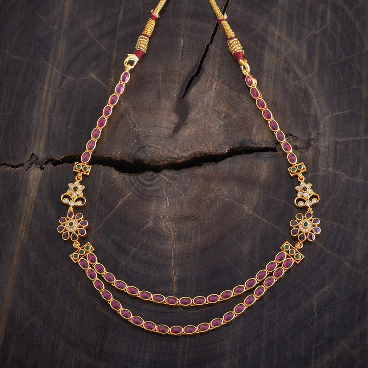 Pure 92.5 Silver Gold-Plated Double Layer Ruby Necklace with Floral Sidepieces and Gemstone Accent