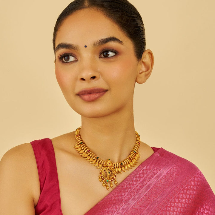 Pure 92.5 Silver Gold-Plated Traditional Ornate Necklace with Antique Finish and Gem Embellishments