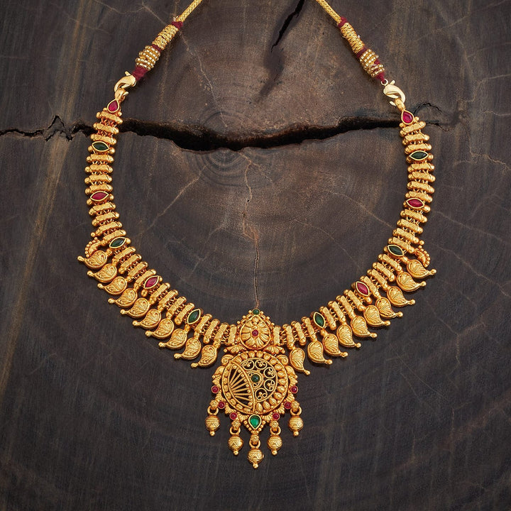 Pure 92.5 Silver Gold-Plated Traditional Ornate Necklace with Antique Finish and Gem Embellishments