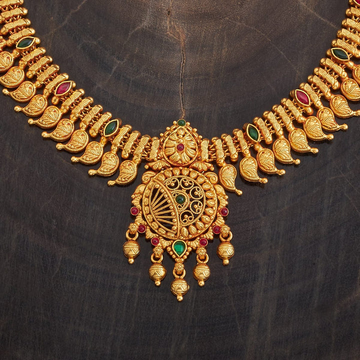 Pure 92.5 Silver Gold-Plated Traditional Ornate Necklace with Antique Finish and Gem Embellishments
