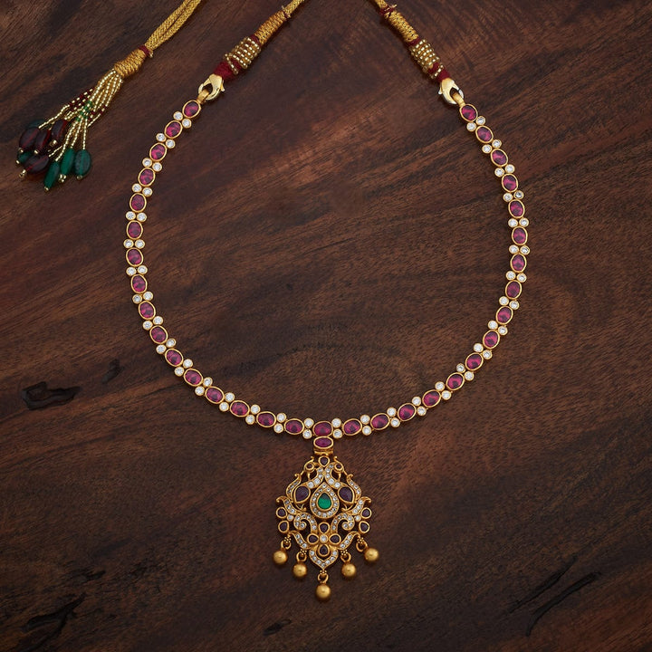 Pure 92.5 Silver Gold-Plated Ruby-White Stone Necklace with Twin Peacock Pendant and Gold Bead Drops