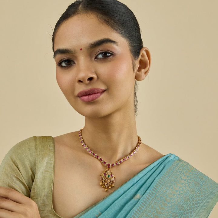 Pure 92.5 Silver Gold-Plated Ruby-White Stone Necklace with Twin Peacock Pendant and Gold Bead Drops