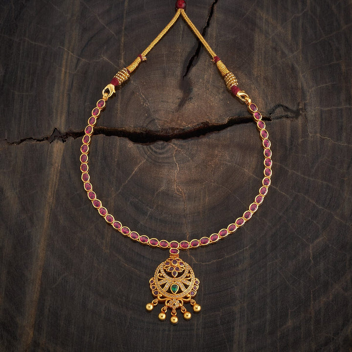 Pure 92.5 Silver Gold-Plated Ruby Necklace with Emerald Centerpiece, White Accents, and Gold Bead Drops