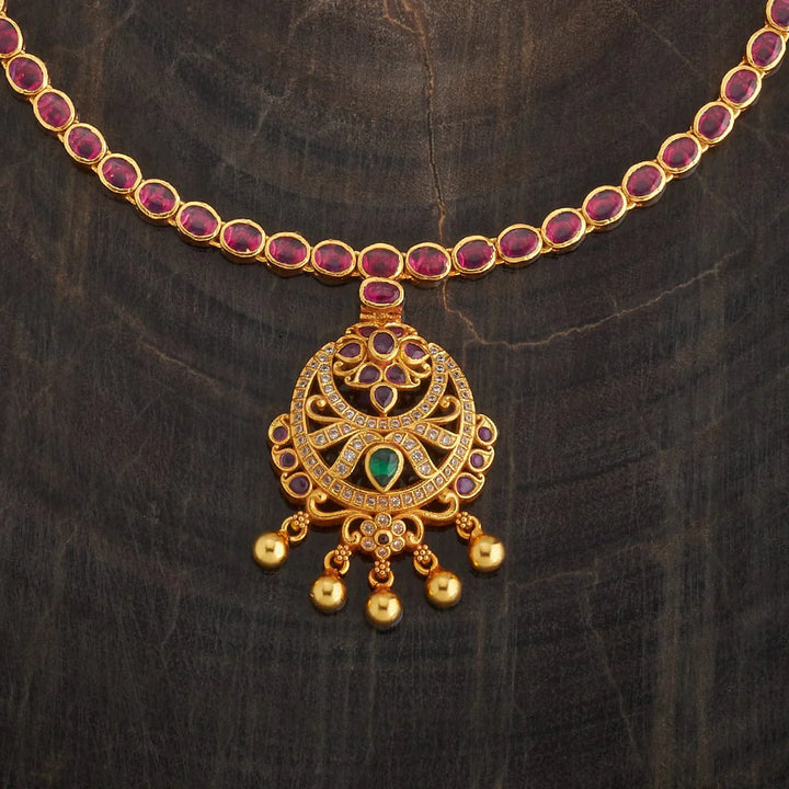 Pure 92.5 Silver Gold-Plated Ruby Necklace with Emerald Centerpiece, White Accents, and Gold Bead Drops