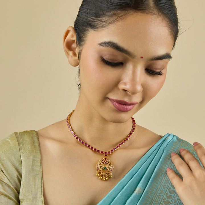 Pure 92.5 Silver Gold-Plated Ruby Necklace with Emerald Centerpiece, White Accents, and Gold Bead Drops