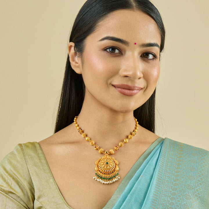 Pure 92.5 Silver Traditional Gold-Plated Necklace with Floral Mandala Design and Gem Accents