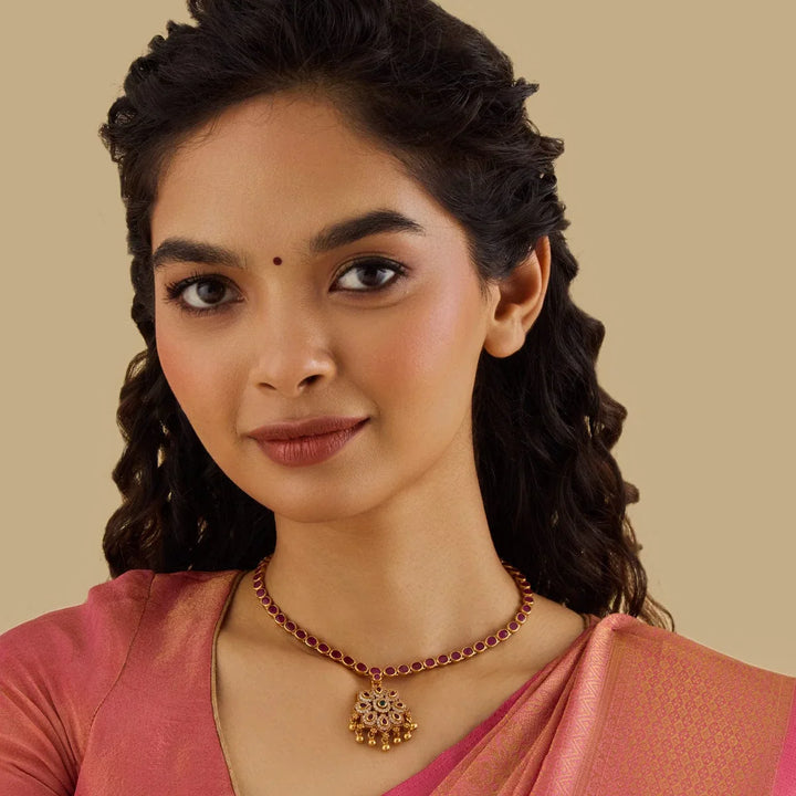 Pure 92.5 Silver Gold-Plated Ruby Necklace with White Stone Floral Pendant and Gold Beads Danglings