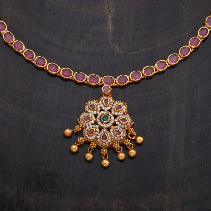 Pure 92.5 Silver Gold-Plated Ruby Necklace with White Stone Floral Pendant and Gold Beads Danglings