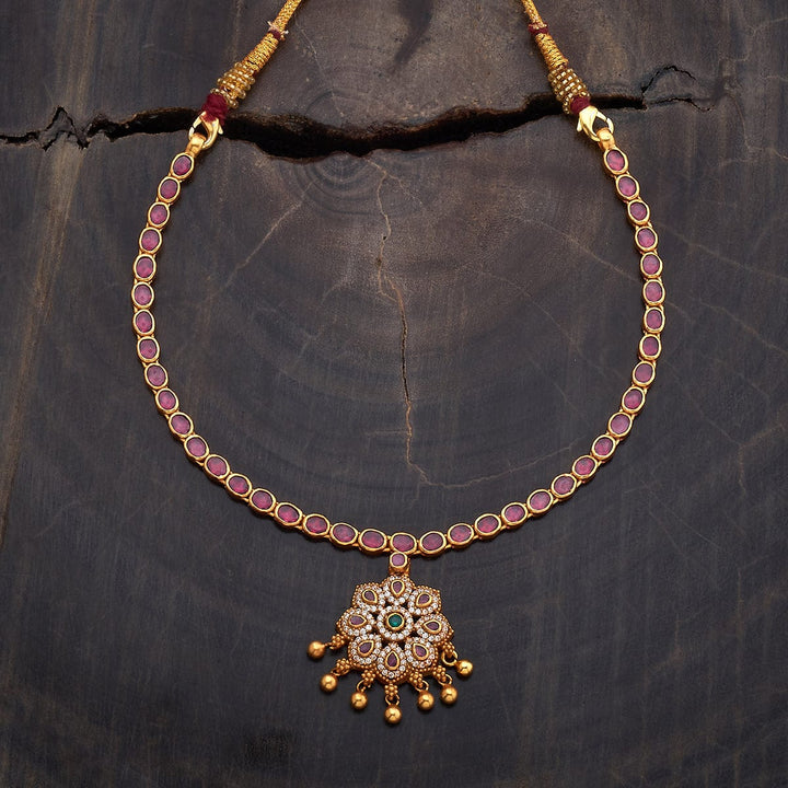 Pure 92.5 Silver Gold-Plated Ruby Necklace with White Stone Floral Pendant and Gold Beads Danglings