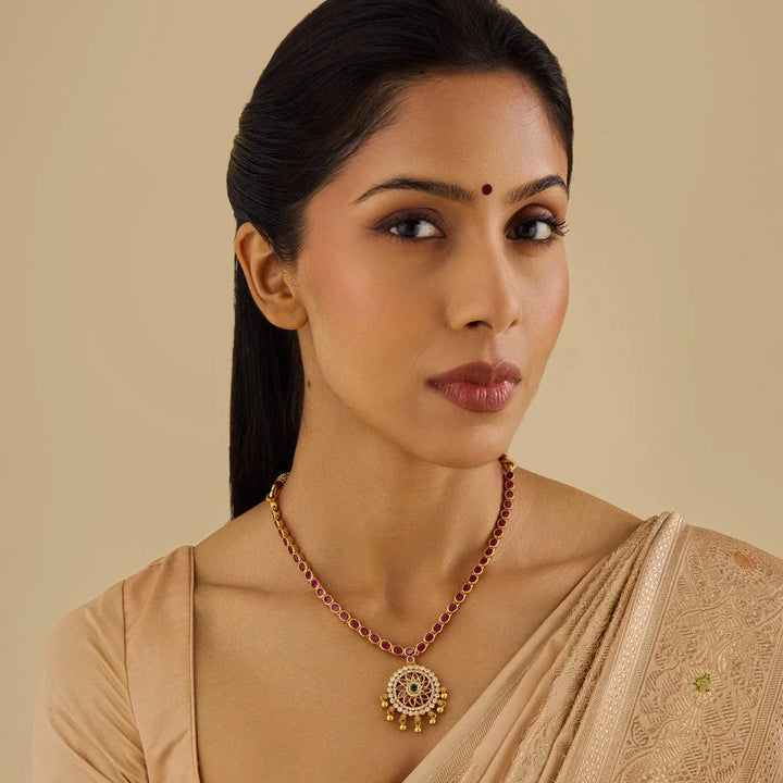 Pure 92.5 Silver Gold-Plated Ruby Necklace with White Stone Mandala Pendant and Gold Beads Danglings