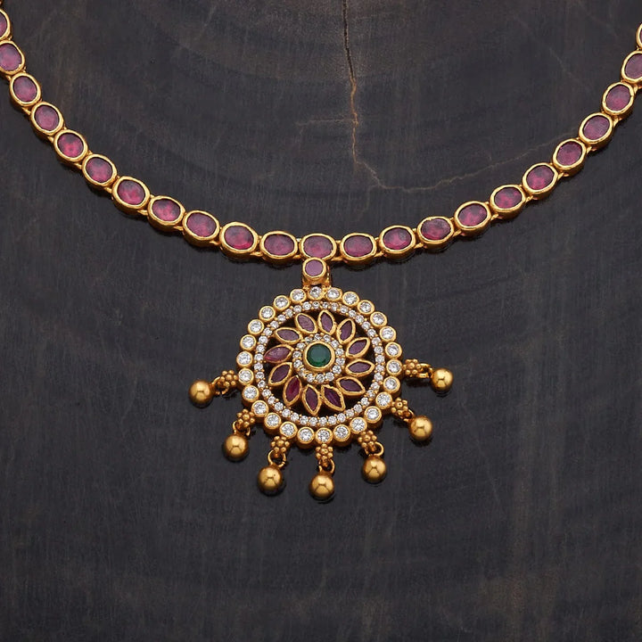 Pure 92.5 Silver Gold-Plated Ruby Necklace with White Stone Mandala Pendant and Gold Beads Danglings