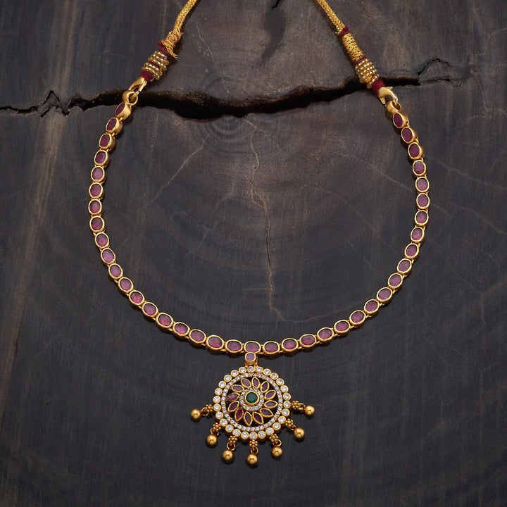 Pure 92.5 Silver Gold-Plated Ruby Necklace with White Stone Mandala Pendant and Gold Beads Danglings