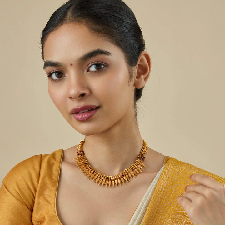 Pure 92.5 Silver Gold-Plated Heritage Style Necklace with Gemstone Details