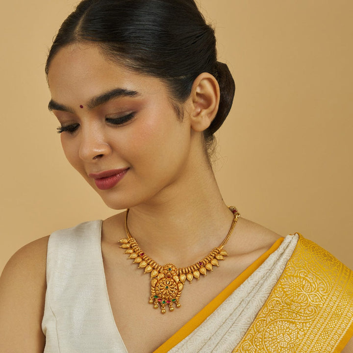 Pure 92.5 Silver Gold-Plated Leaf Units Necklace with Ruby and Emerald Accents