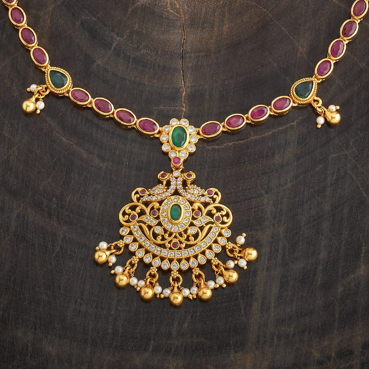 Pure 92.5 Silver Gold-Plated Peacock Pendant Necklace with Ruby, Emerald, Polki, and Gold Bead Accents