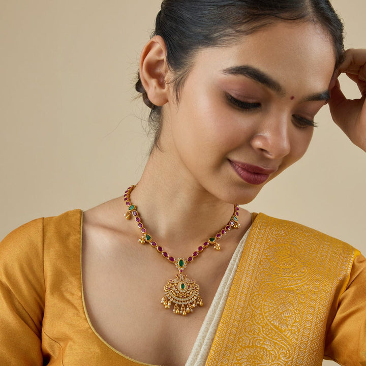 Pure 92.5 Silver Gold-Plated Peacock Pendant Necklace with Ruby, Emerald, Polki, and Gold Bead Accents