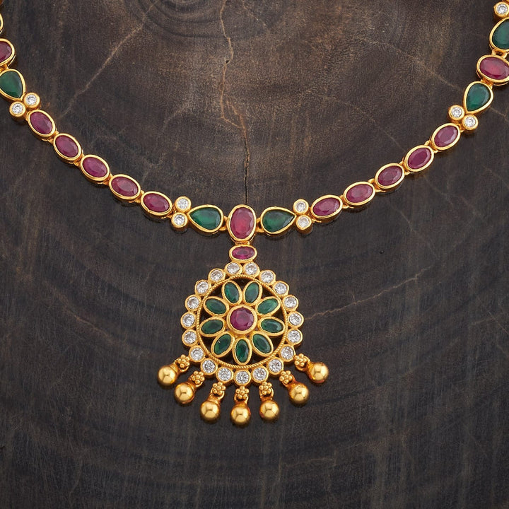 Pure 92.5 Silver Gold-Plated Floral Pendant Necklace with Ruby, Emerald, Polki, and Gold Bead Accents
