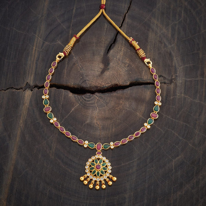 Pure 92.5 Silver Gold-Plated Floral Pendant Necklace with Ruby, Emerald, Polki, and Gold Bead Accents