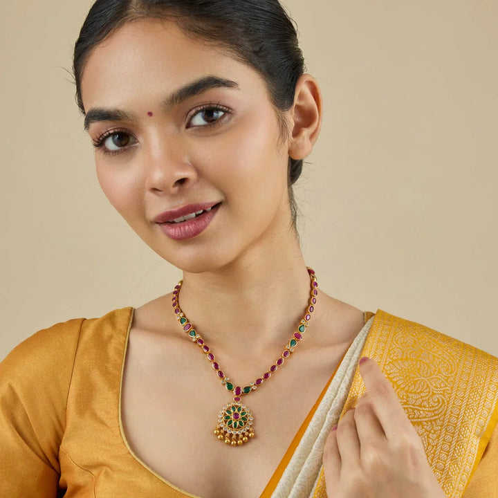 Pure 92.5 Silver Gold-Plated Floral Pendant Necklace with Ruby, Emerald, Polki, and Gold Bead Accents
