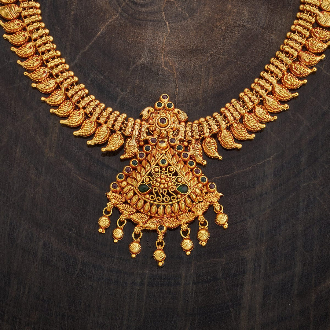 Pure 92.5 Silver Gold-Plated Ornate Temple Jewelry Necklace with Detailed Pendant and Gem Embellishments