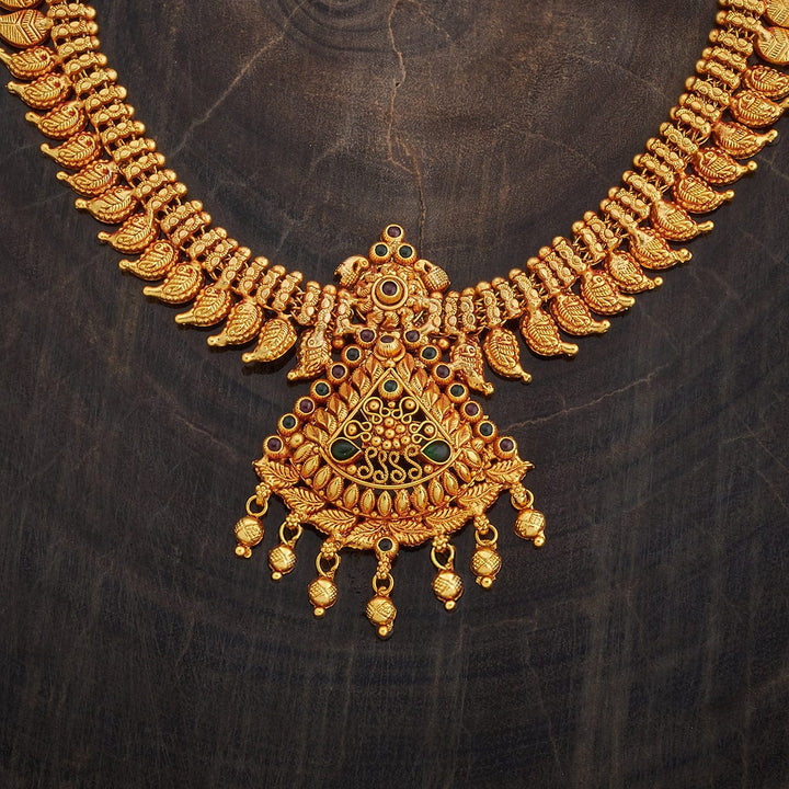 Pure 92.5 Silver Gold-Plated Ornate Temple Jewelry Necklace with Detailed Pendant and Gem Embellishments