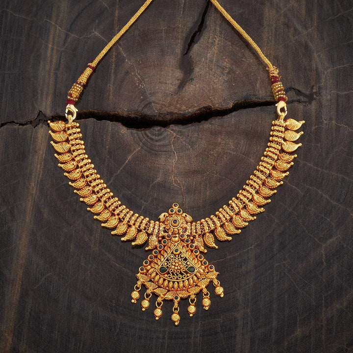 Pure 92.5 Silver Gold-Plated Ornate Temple Jewelry Necklace with Detailed Pendant and Gem Embellishments