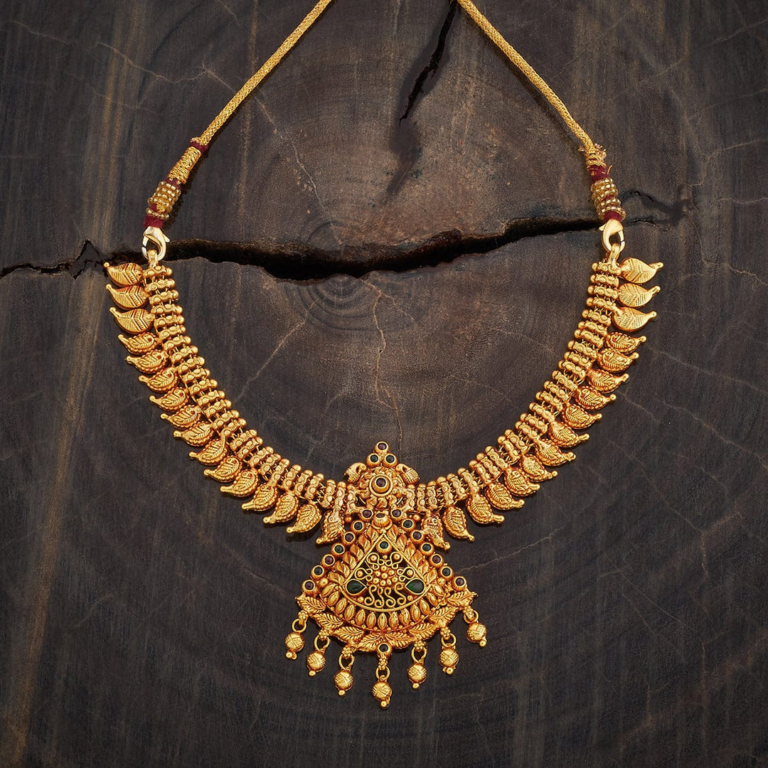 Pure 92.5 Silver Gold-Plated Ornate Temple Jewelry Necklace with Detailed Pendant and Gem Embellishments