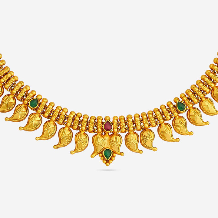 Pure 92.5 Silver, Gold Plated Traditional Mango Units  Necklace with Ruby-Green Accents
