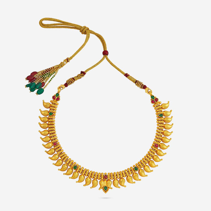 Pure 92.5 Silver, Gold Plated Traditional Mango Units  Necklace with Ruby-Green Accents