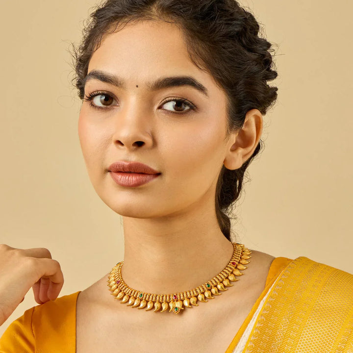 Pure 92.5 Silver, Gold Plated Traditional Mango Units  Necklace with Ruby-Green Accents