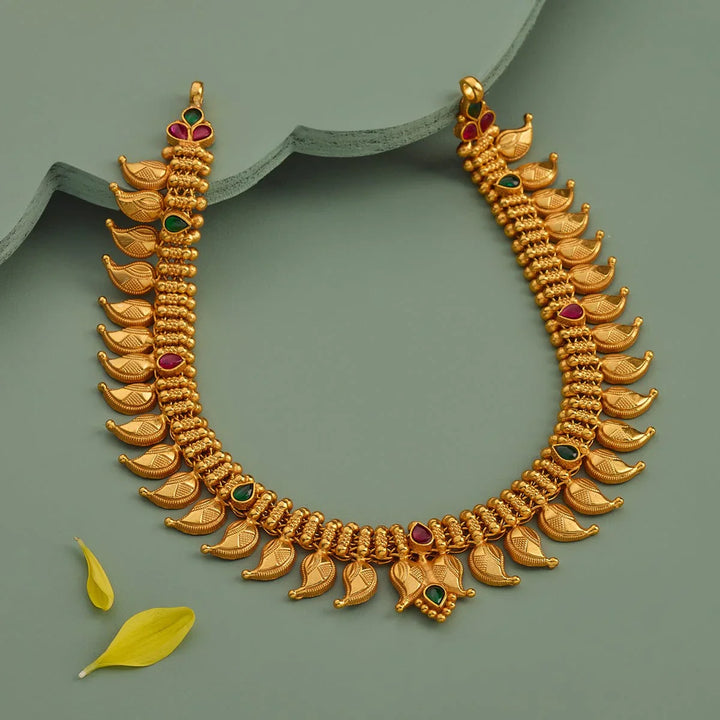 Pure 92.5 Silver, Gold Plated Traditional Mango Units  Necklace with Ruby-Green Accents