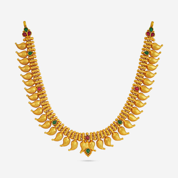 Pure 92.5 Silver, Gold Plated Traditional Mango Units  Necklace with Ruby-Green Accents