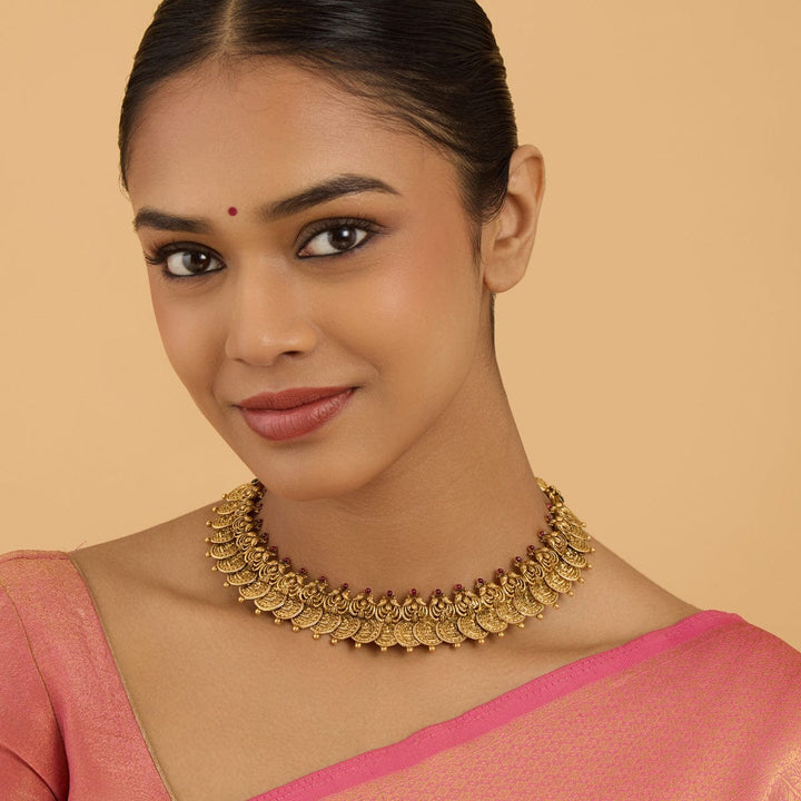 92.5 Pure Silver Temple Design Lakshmi Kasu Short Necklace With Red Stone