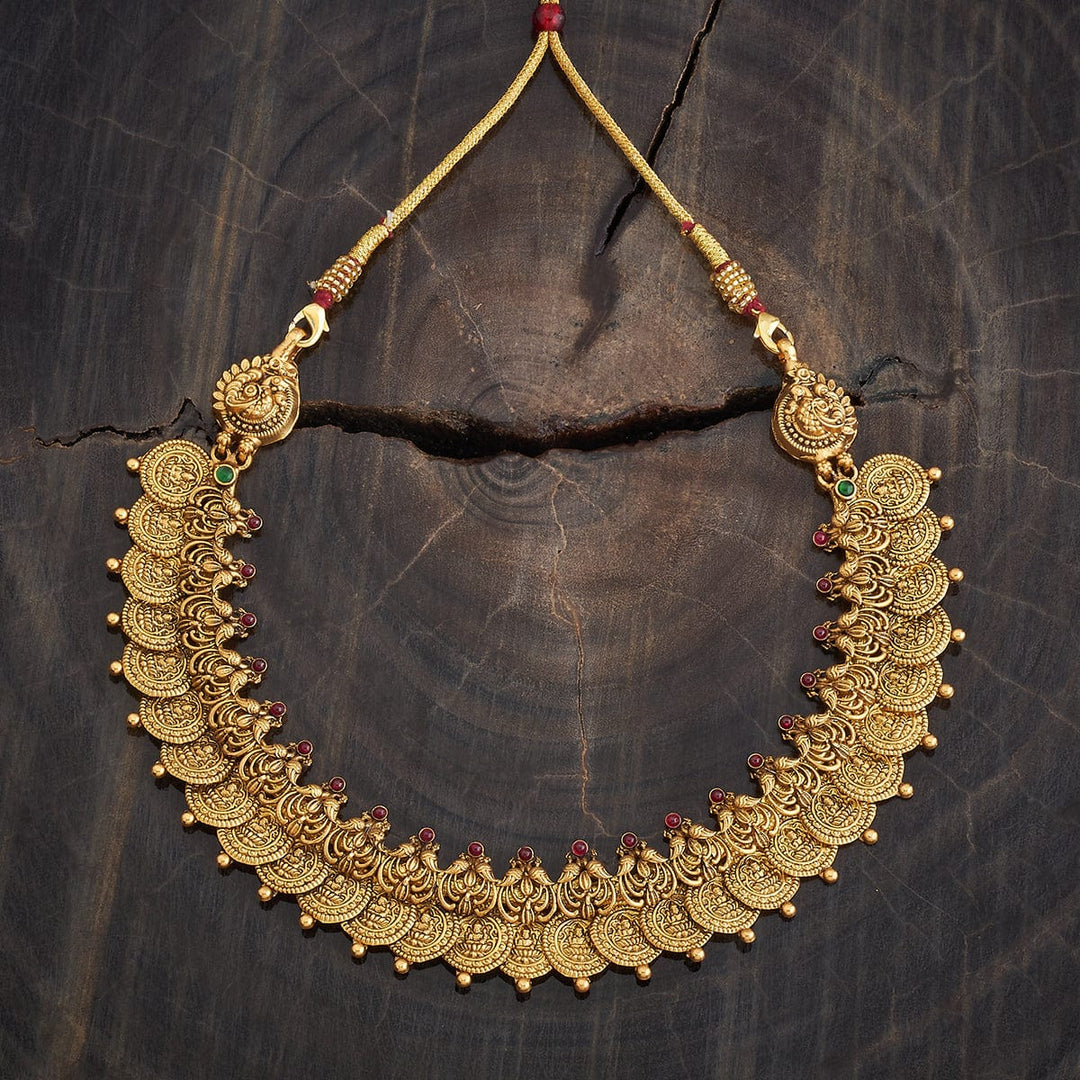 92.5 Pure Silver Temple Design Lakshmi Kasu Short Necklace With Red Stone