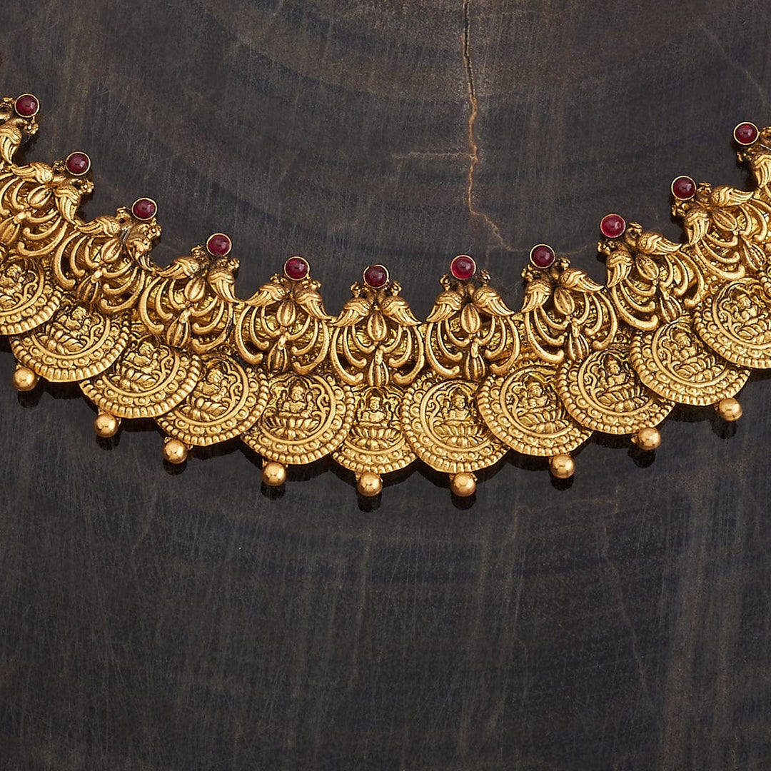 92.5 Pure Silver Temple Design Lakshmi Kasu Short Necklace With Red Stone