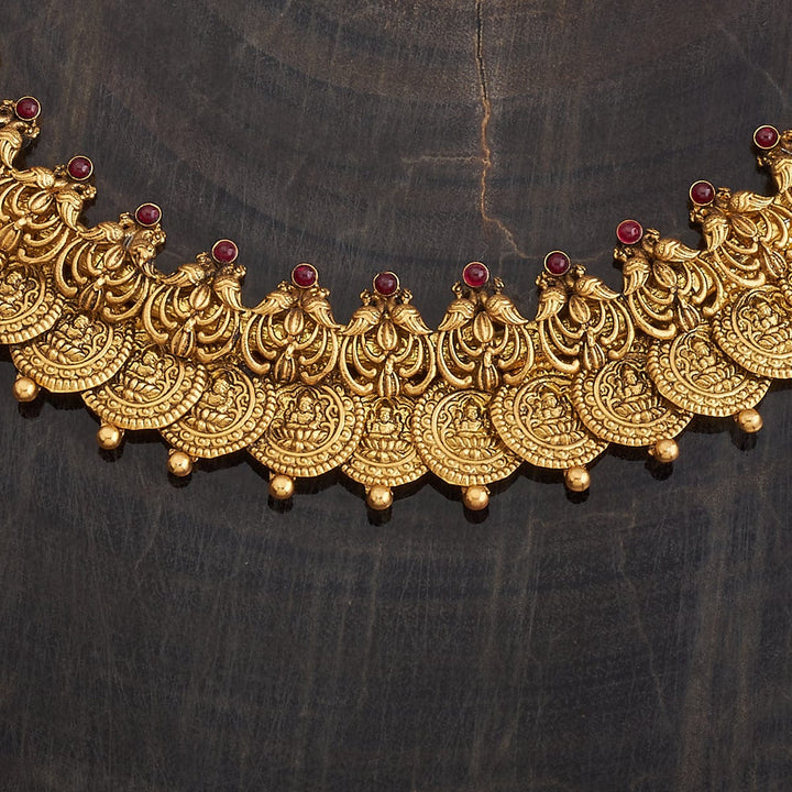 92.5 Pure Silver Temple Design Lakshmi Kasu Short Necklace With Red Stone