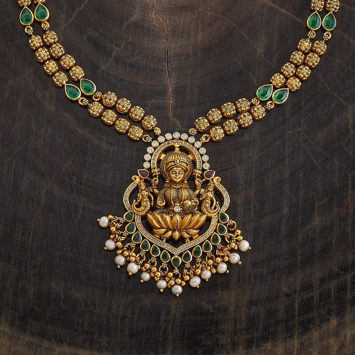 Pure 92.5 Silver Traditional South Indian Temple Necklace of Goddess Lakshmi with Gem and Pearl Details