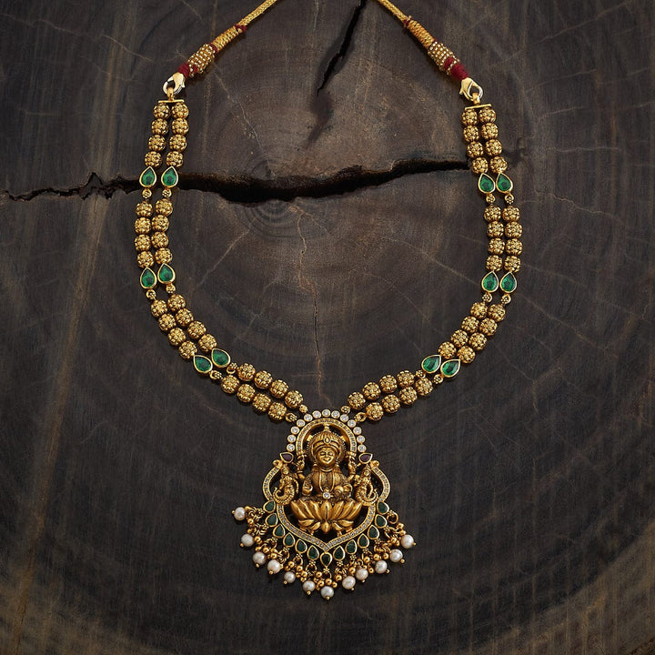 Pure 92.5 Silver Traditional South Indian Temple Necklace of Goddess Lakshmi with Gem and Pearl Details