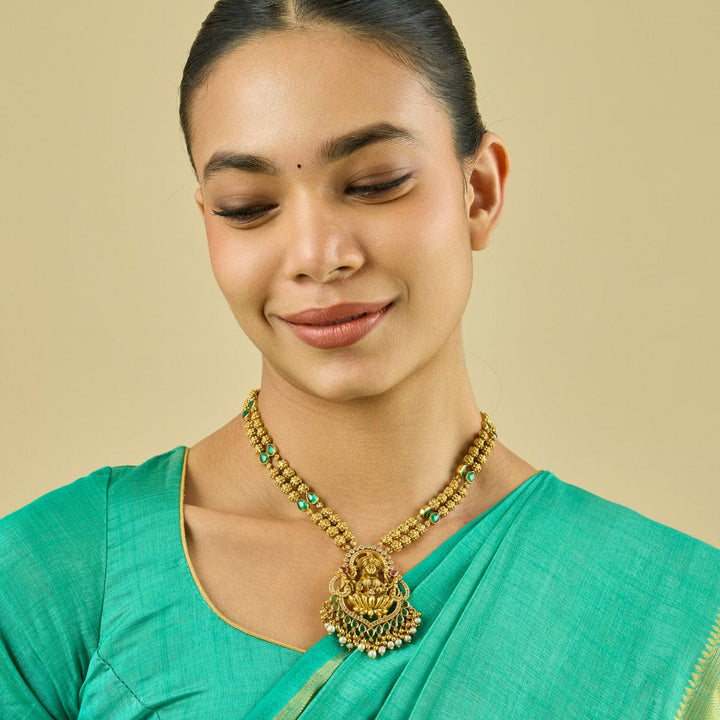Pure 92.5 Silver Traditional South Indian Temple Necklace of Goddess Lakshmi with Gem and Pearl Details