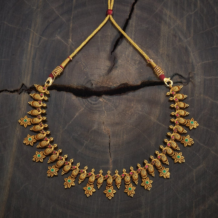 Pure 92.5 Silver Gold-Plated Necklace with Floral and Paisley Motifs and Gemstones Detailing